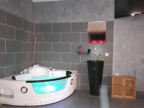 une salle de bain avec baignoire dans une chambre dans l'établissement Charmant studio à Baixas de 30 m² avec Jacuzzi, à Baixas