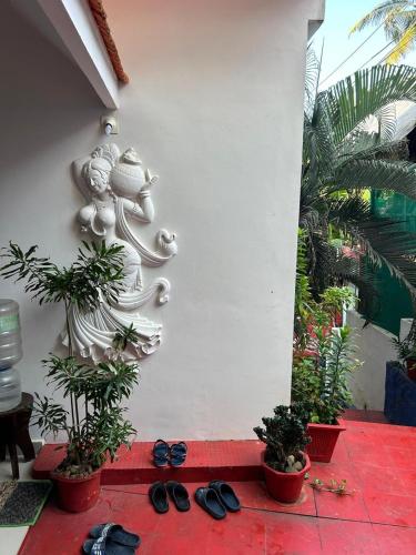a wall with someotted plants and shoes on the ground at Rock View Palace Lighthouse Beach Resort in Trivandrum