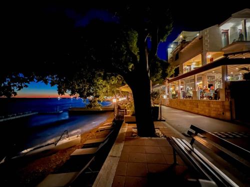 a tree sitting next to a bench next to the water at Boutique Hotel Marco Polo in Gradac