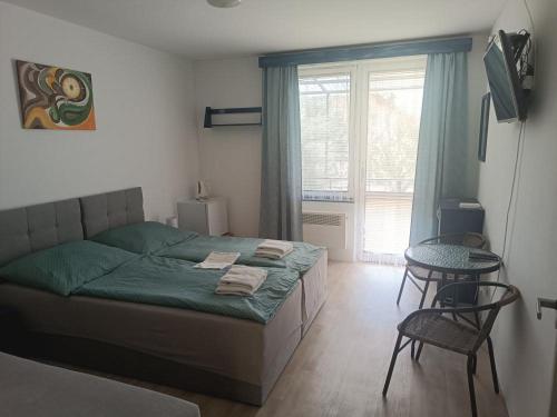 a bedroom with a bed and a table and a window at Pension Hluboká in Hluboká nad Vltavou