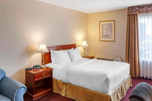 a hotel room with a large bed and a chair at Quality Inn & Suites Edmonton International Airport in Leduc