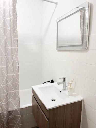 une salle de bain avec un lavabo, un miroir et une douche dans l'établissement Le London, studio proche aéroport, à Saint-Louis