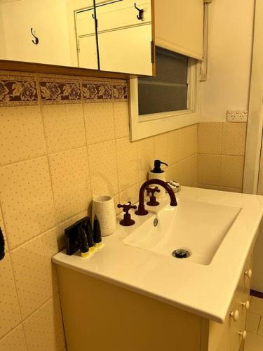 a white sink in a bathroom with a mirror at Copper Mine Cottage in Burra