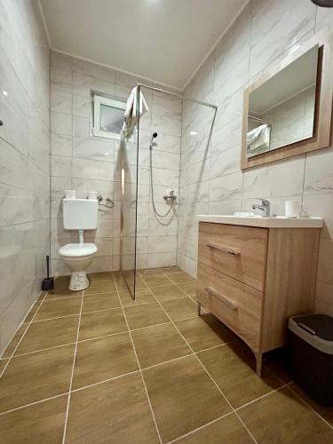 a bathroom with a shower and a toilet and a sink at Apartmani Sun & Moon in Žepče