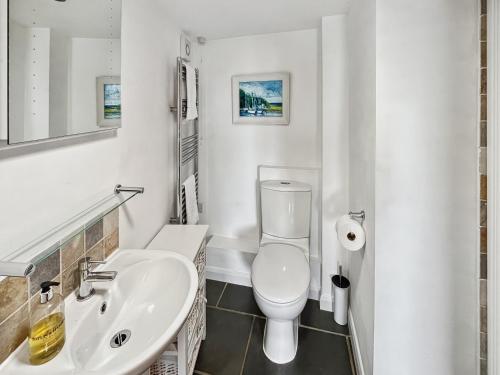 a white bathroom with a toilet and a sink at St Anthony's Cottage in Porlock
