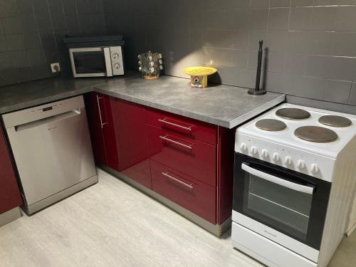 - une cuisine avec des placards rouges et une cuisinière blanche dans l'établissement charmant appartement dans joli village d’Annot, à Annot