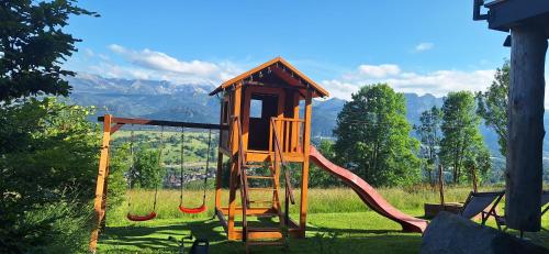 a playground with a slide in the grass at Domki Widokowe Wooden Luxury Chalet in Ząb