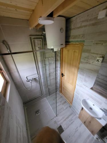 a bathroom with a shower and a toilet and a sink at Monte Diva Zabljak in Žabljak