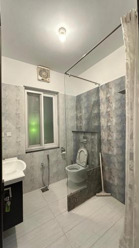 a bathroom with a toilet and a sink and a shower at Serene Home Islamabad in Islamabad