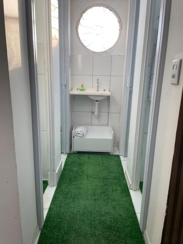a bathroom with a green floor and a sink at Casa do Naldo in Brasília