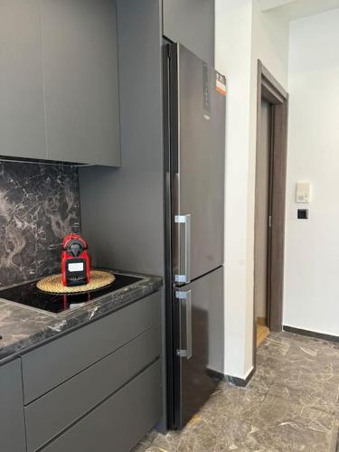 a kitchen with a counter top with a refrigerator at R&G luxury accommodation Varkiza in Vari