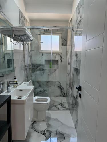 a bathroom with a toilet and a sink at Haris Apartments Tirana in Tirana