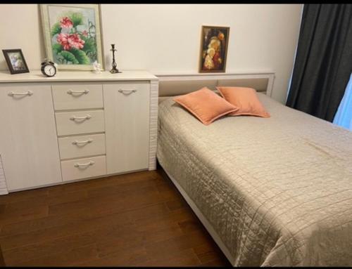 een slaapkamer met een ladekast en een bed met een oranje kussen bij Apartamentai prie Kalnų parko in Vilnius