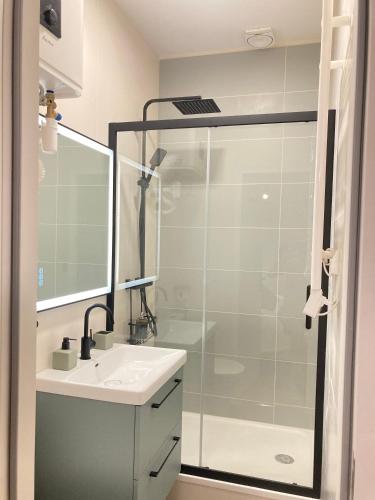 une salle de bain avec une douche en verre et un lavabo dans l'établissement La Curiosité, Et Pop Et Chic !, à Poitiers
