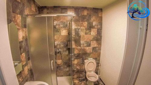 a bathroom with a shower and a toilet at Penzion Anička in Klokočov