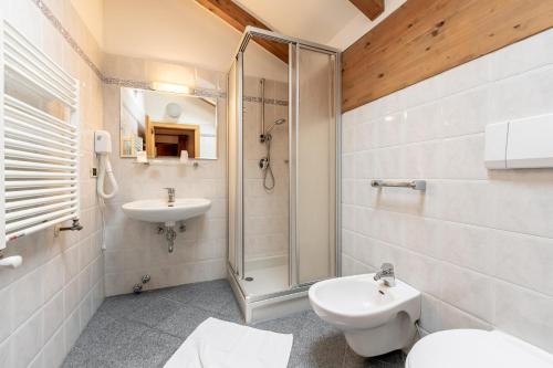 a bathroom with a shower and a toilet and a sink at Hotel Villetta Maria Cottage in Canazei