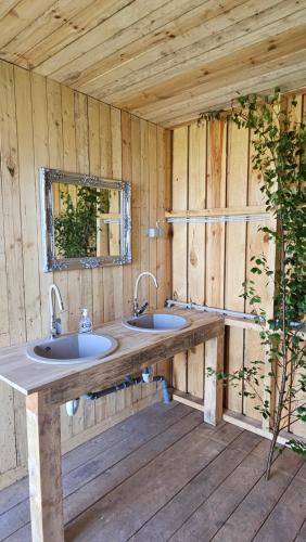 a bathroom with two sinks in a wooden wall at Tūjas dīķi in Tūja
