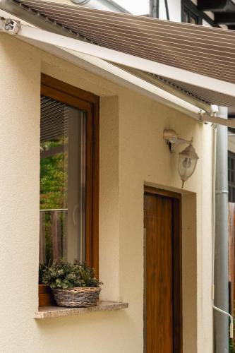 a window of a house with two potted plants on it at Apartament Londyn in Łagów