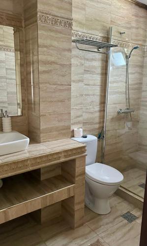 a bathroom with a toilet and a sink and a shower at Pensiunea Diamond in Eforie Nord