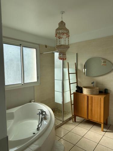 a bathroom with a bath tub and a mirror at VILLA POINTE DES CHATEAUX VUE IMPRENABLE in Saint-Leu