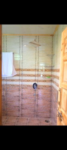 a shower with a glass door in a bathroom at Radha kunj in Cheog