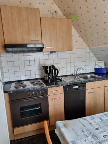 a kitchen with a black stove and a sink at Ferienhof Bisdorf "Steilküste" in Bisdorf
