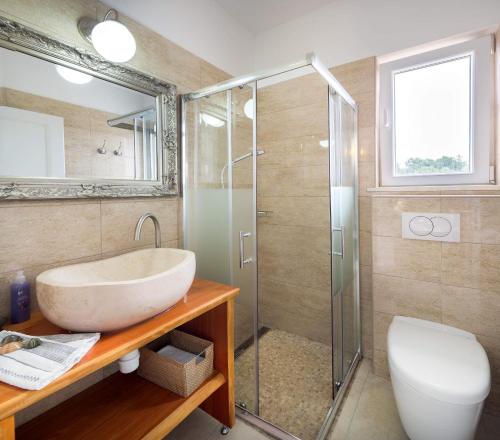 a bathroom with a sink and a glass shower at Villa Putto in Vela Luka