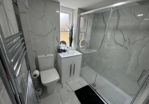 a bathroom with a shower and a toilet and a sink at Glasgow Central Paradise - Spacious 3- Bed House in Glasgow
