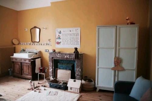 un soggiorno con piano cottura e camino di Maison Sollier a Sainte-Croix