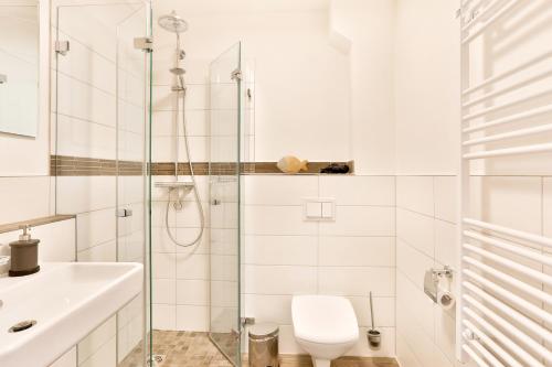 a bathroom with a shower and a toilet and a sink at Apartments an Sankt Marien in Stralsund