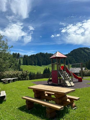 a playground with a slide on a picnic table at Alpage Immo Location Service in Champoussin