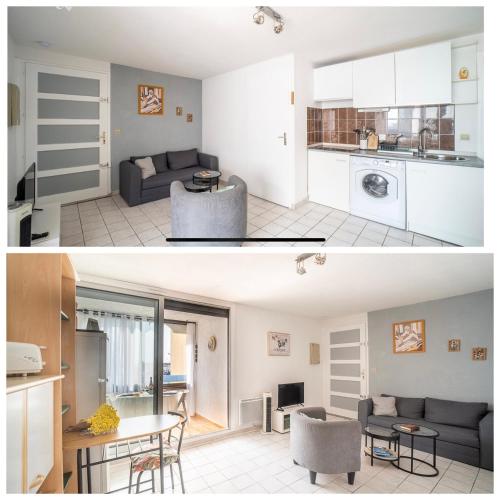 Il comprend un salon et une cuisine avec un canapé et une table. dans l'établissement Appartement T2 bord de mer, à Saint-Cyprien