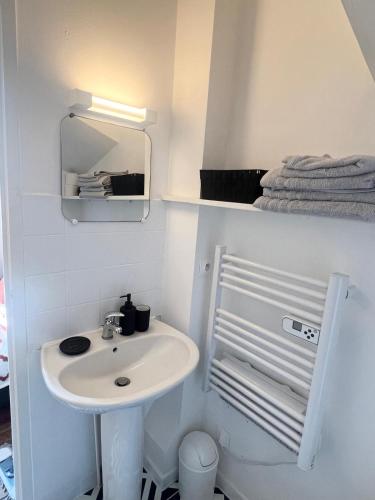 une salle de bain blanche avec un lavabo et un miroir dans l'établissement Charmant Studio à Poitiers, à Poitiers