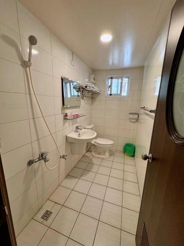 a bathroom with a sink and a toilet at Fish Luck Guesthouse in Xiaoliuqiu