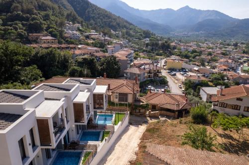 arial view of a village with houses and mountains at Pearl of Thassos in Skala Potamias