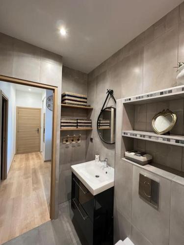 une salle de bain avec un lavabo et un miroir dans l'établissement Appartement cosy au Centre, à Montignac