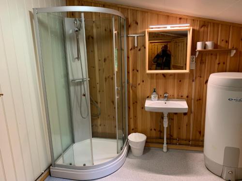 a bathroom with a shower and a sink at Buøy Camping in Dalen