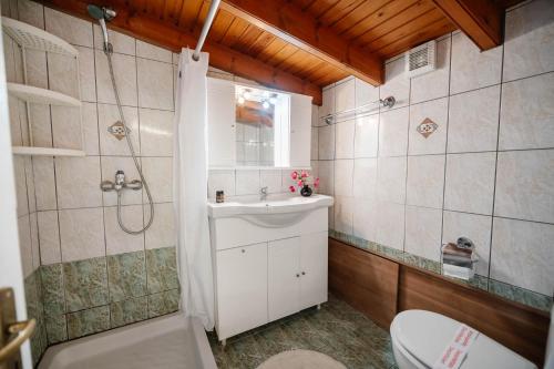 a bathroom with a sink and a shower and a toilet at Liston Suites in Corfu Town