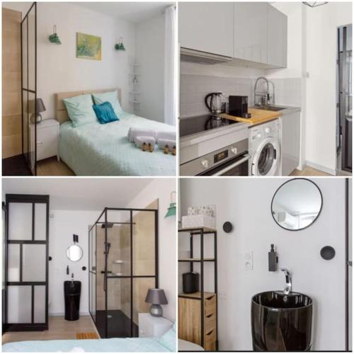 Cette chambre comprend un lit, une cuisine et une salle de bains. dans l'établissement 2 pièces dans la vieille ville, à Antibes