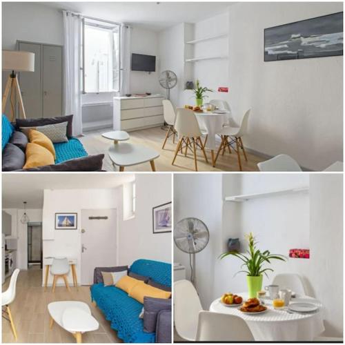 Il comprend un salon et une cuisine avec un canapé et une table. dans l'établissement 2 pièces dans la vieille ville, à Antibes