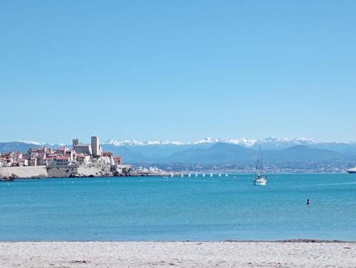 un voilier dans l'océan avec une ville en arrière-plan dans l'établissement 2 pièces dans la vieille ville, à Antibes