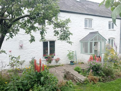 a white house with flowers in front of it at Ty Gwyn Farmhouse in Brecon