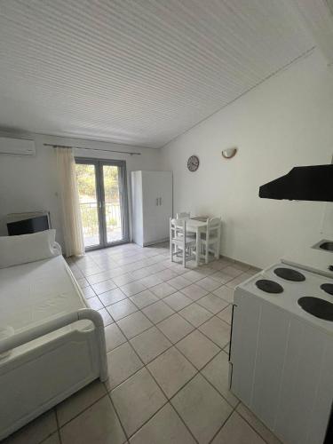 a living room with a stove and a kitchen at Maistrato Apartments in Argostoli