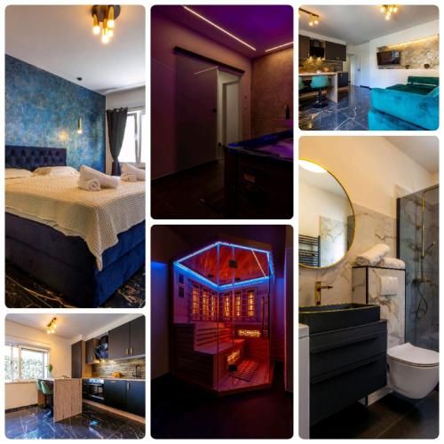 a collage of photos of a bedroom and a bathroom at Luxury Hedone Apartment near the Bridge with Private SPA Zone in Zadar