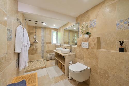 a bathroom with a toilet and a shower and a sink at La ferme Saint-Antoine in Gassin
