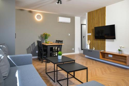 a living room with a couch and a tv at Magic Apartments - Aroma Zator in Zator