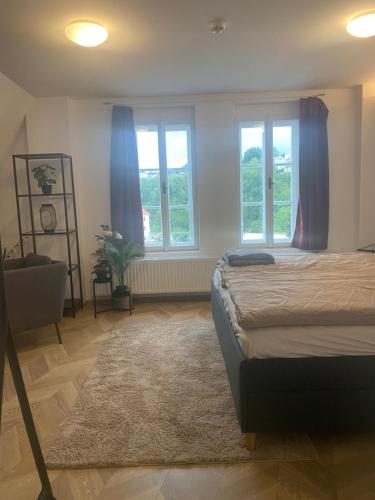 a bedroom with a bed and two windows and a rug at Apartmán v centru Krumlova in Český Krumlov