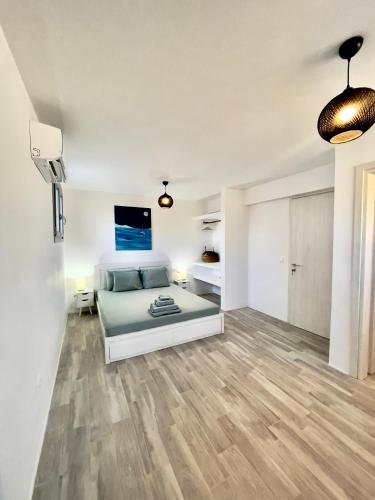 a large living room with a bed and a tv at Kastraki Gem Villa in Kastraki Naxou