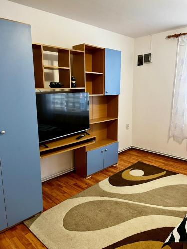 a living room with a flat screen tv and a rug at Casa Dia in Turda