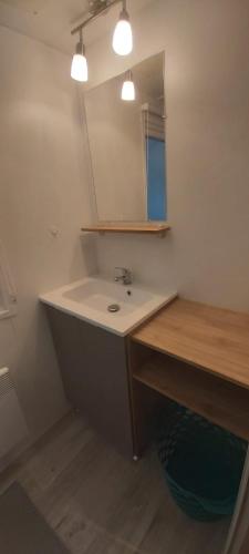une salle de bain avec un lavabo et un miroir dans l'établissement Mobil-home avec WIFI 6 à 8 couchages Domaine 4 étoiles au cœur des Châteaux de la Loire, à Onzain